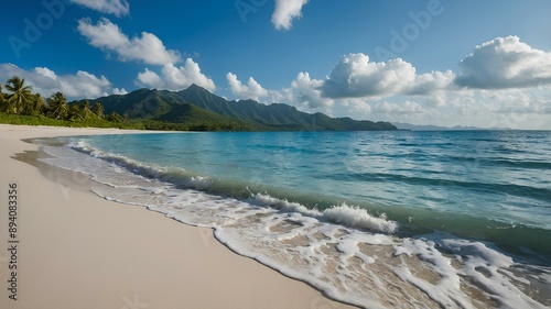 Mountain Backdrop Beach. Beautiful mountain backdrops with white sand and calm blue water under a blue sky. Create an image of a beach with mountain backdrops. photo