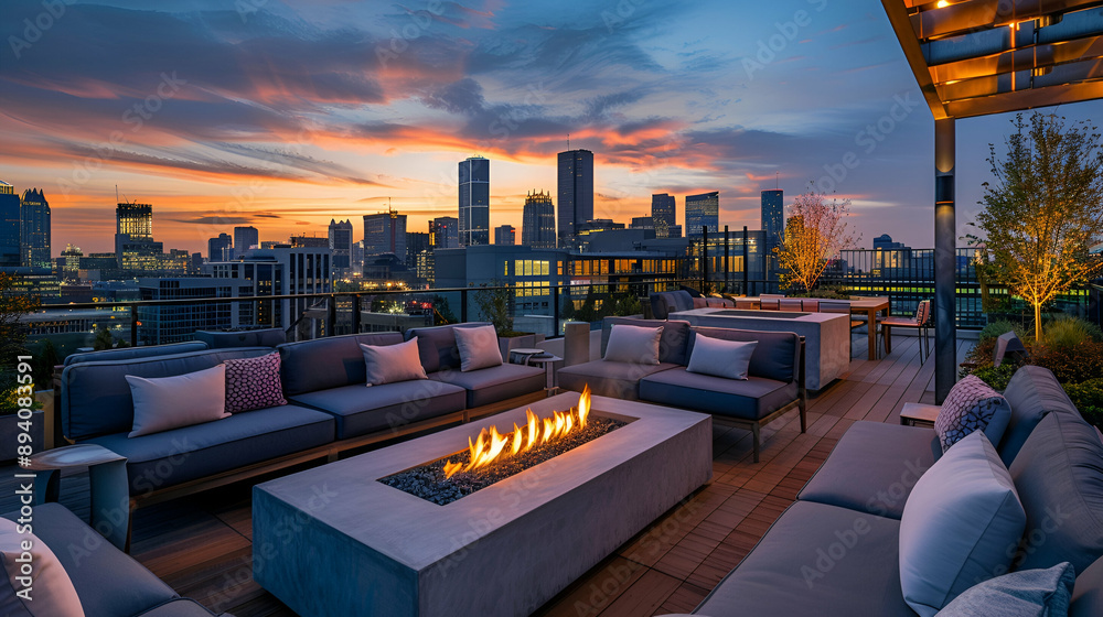 Obraz premium Rooftop terrace with a modern fire pit, lounge seating, and panoramic city skyline views at twilight