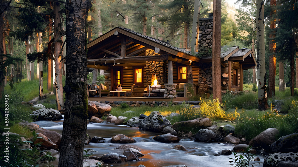 Obraz premium Rustic cabin in the woods with a log exterior, surrounded by towering pine trees and a babbling brook