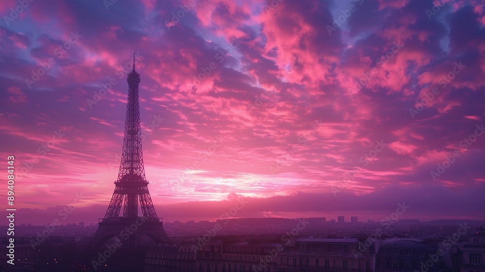 Fototapeta premium Pink Sky Over the Iconic Eiffel Tower at Sunset