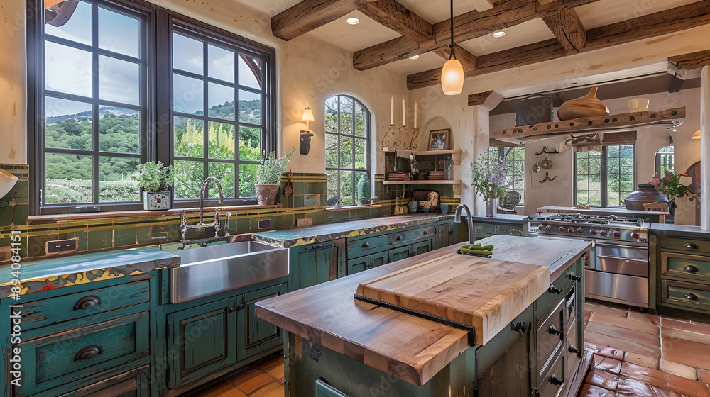 Rustic farmhouse kitchen with reclaimed wood beams, farmhouse sink, distressed cabinets, butcher block countertops, vintage pendant lights, and a large garden view window Rustic farmhouse kitchen with reclaimed wood beams, farmhouse sink, distressed cabinets, butcher block countertops, vintage pendant lights, and a large garden view window