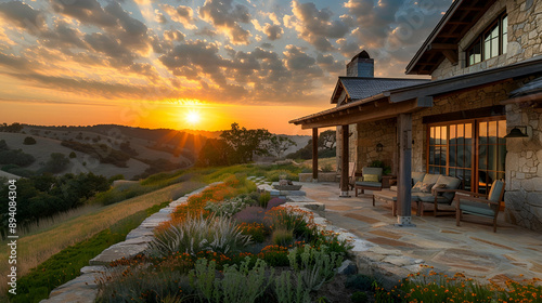 Rustic farmhouse with stone walls, wooden beams, and a cozy porch overlooking rolling hills at sunset