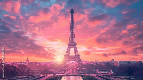 Eiffel Tower Silhouetted Against a Pink Sunset Sky