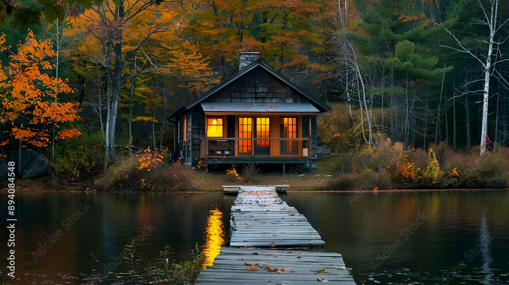 Obraz premium Rustic lakeside cabin with warm lit windows, surrounded by autumn foliage, a small wooden dock extending into the calm water