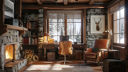 Rustic living room with a cozy workspace, featuring a wooden desk, warm lighting, a leather armchair, and a stone fireplace