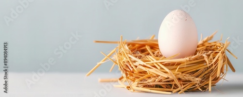 Close-up of chicken egg in a nest made of wheat straw, depicting natural agriculture photo