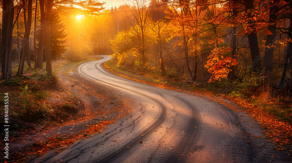 Obraz premium Serene country road lined with vibrant autumn foliage, winding through a picturesque forest under a golden sunset