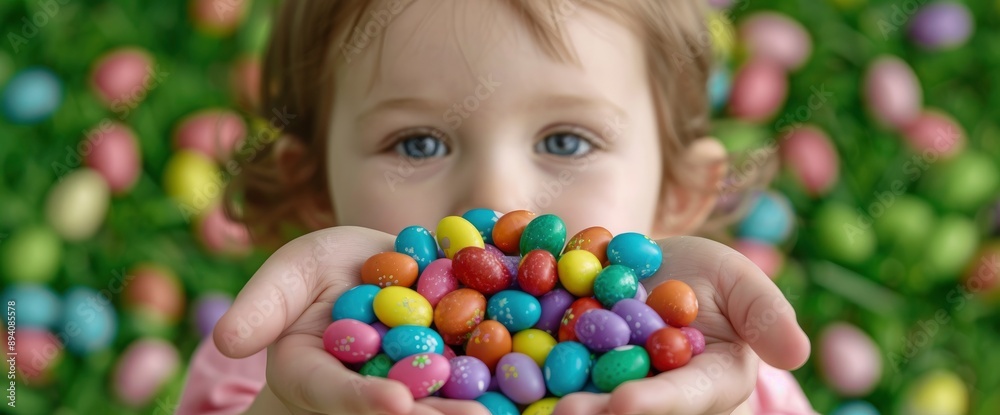 A Girl Holding An Easter Egg Filled With Candy, Her Face Full Of Delight A Girl Holding An Easter Egg Filled With Candy, Her Face Full Of Delight