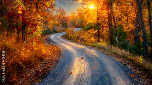 Serene country road lined with vibrant autumn foliage, winding through a picturesque forest under a golden sunset