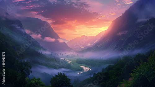 Serene dawn in a mountain valley, soft pastel colors lighting up the sky, mist rising from a river winding through lush greenery photo