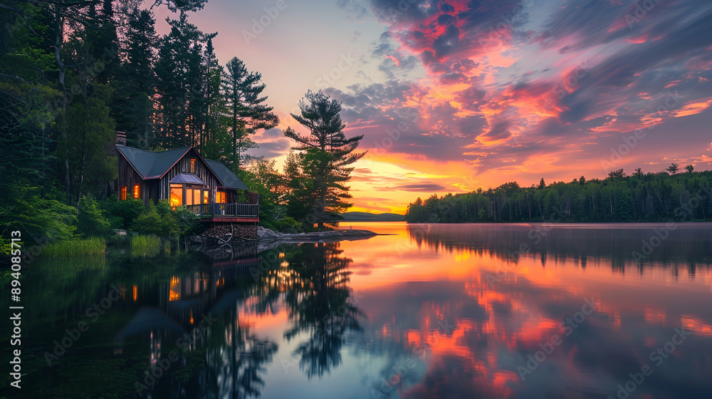 Serene lakeside at sunset with a rustic cabin, the sky ablaze with colors reflecting off the calm water Serene lakeside at sunset with a rustic cabin, the sky ablaze with colors reflecting off the calm water