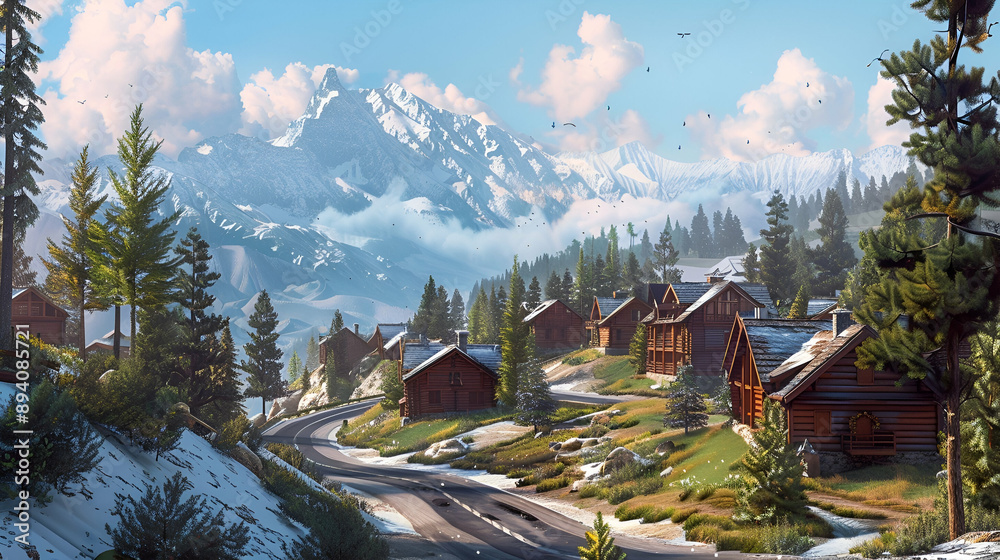 Fototapeta premium Serene mountain town with wooden chalets, winding roads, and pine forests under a bright, clear sky