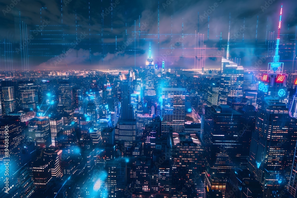 Futuristic cityscape at night with glowing blue lights and abstract digital elements. Futuristic cityscape at night with glowing blue lights and abstract digital elements.