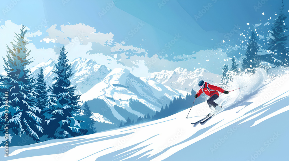Skier carving down a snowy slope, pristine white landscape under a clear blue sky, pine trees and distant peaks in the background Skier carving down a snowy slope, pristine white landscape under a clear blue sky, pine trees and distant peaks in the background