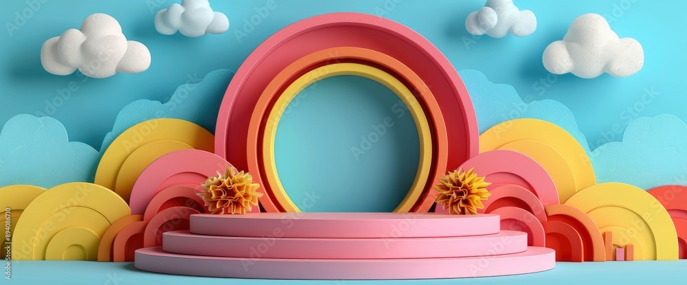 Obraz premium A 3D Pink Podium On A Pastel Background, With Abstract Geometric Shapes And A Cute Rainbow, Playful And Colorful