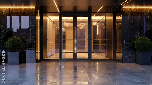 Sleek renovated apartment entrance with contemporary glass door  reflecting a fresh beginning