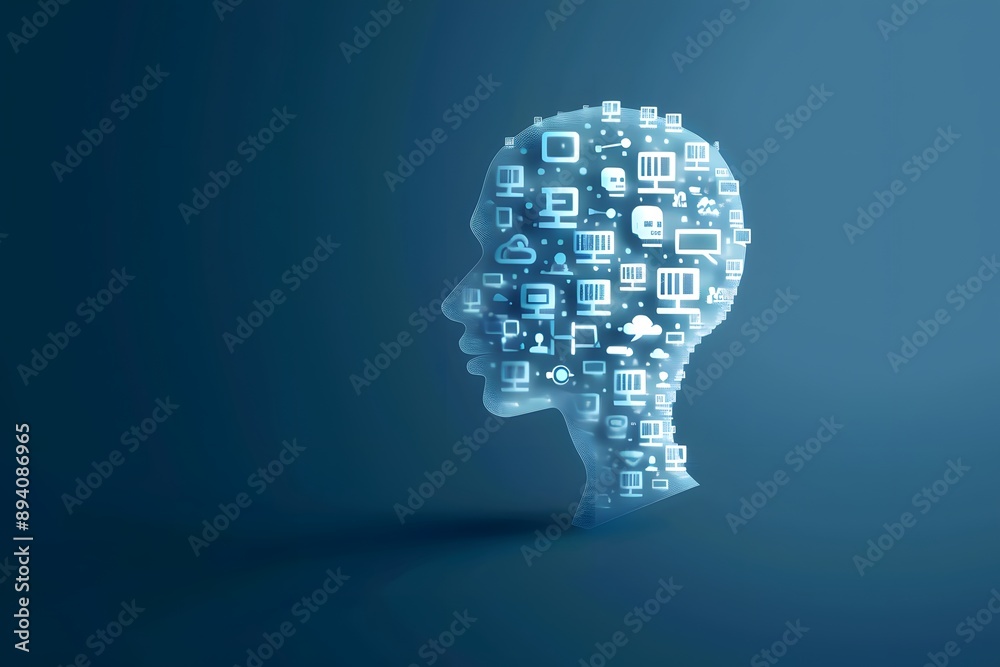 Silhouette of human head with digital icons symbolizing technology, media, and communication