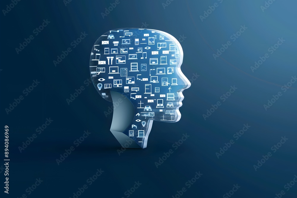 Digital profile outline filled with various technology icons against a dark background. Digital profile outline filled with various technology icons against a dark background.