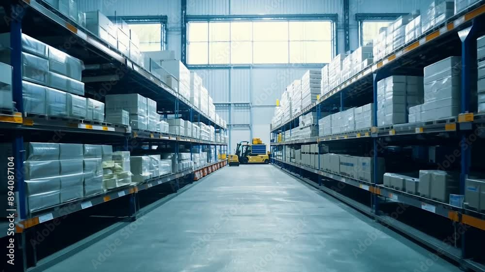 Forklift in a warehouse with shelves full of boxes. Forklift in a warehouse with shelves full of boxes.