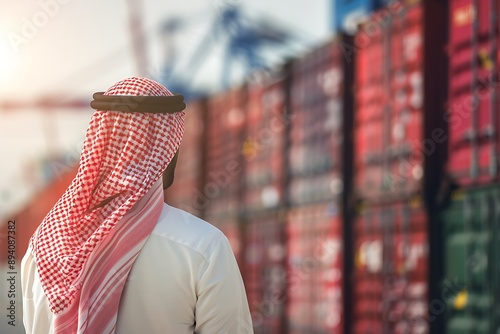 Saudi Gulf Arab man wearing a traditional white thobe and red shemagh, back view, standing in front of shipping containers shipping goods overseas background.