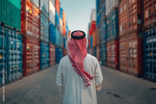 Saudi Gulf Arab man wearing a traditional white thobe and red shemagh, back view, standing in front of shipping containers shipping goods overseas background.