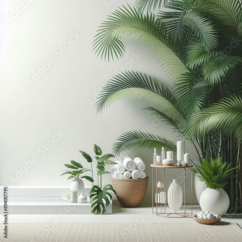 The white baground is set against a backdrop of lush palm leaves generative with ai