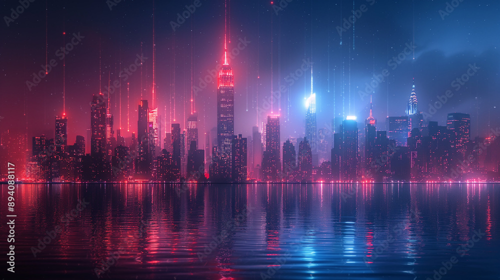 New York city skyscrapers with glowing rising arrow lines, internet connection hologram. Concept of smart city, futuristic technologies and global business communication. New York city skyscrapers with glowing rising arrow lines, internet connection hologram. Concept of smart city, futuristic technologies and global business communication.