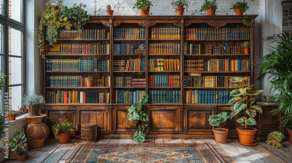 A wooden cabinet, a bookshelf with colorful books on it . A wooden cabinet, a bookshelf with colorful books on it .