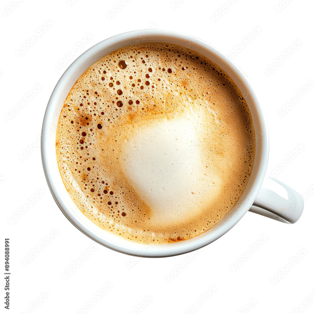 Top view of a frothy cappuccino served in a white cup. Perfect for illustrating coffee and beverage concepts. Top view of a frothy cappuccino served in a white cup. Perfect for illustrating coffee and beverage concepts.