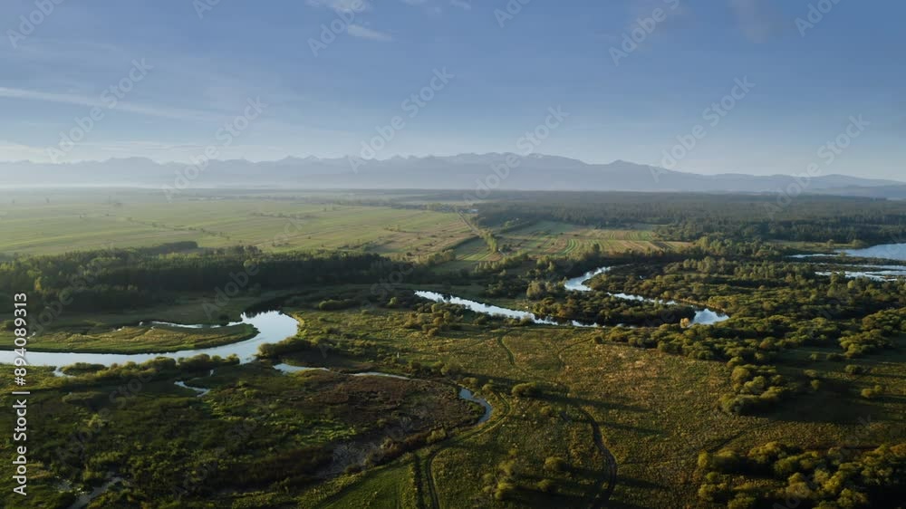 Marshes Over Nature Reserve With Czarna Orawa River In Malopolskie, Poland. Aerial Wide Shot Marshes Over Nature Reserve With Czarna Orawa River In Malopolskie, Poland. Aerial Wide Shot