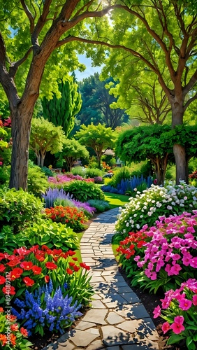 Wallpaper Mural A beautiful garden filled with colorful blooming flowers, surrounded by lush greenery and trees Torontodigital.ca