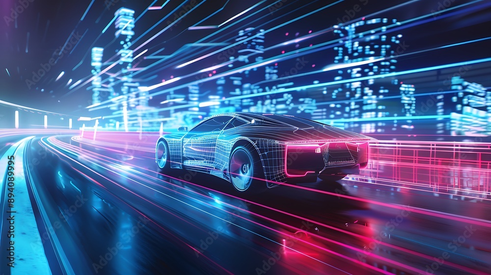 An autonomous car driving through a high-tech urban area An autonomous car driving through a high-tech urban area