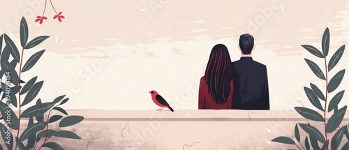 Romantic couple sitting together with bird and foliage in minimalist illustration, conveying love and tranquility. photo
