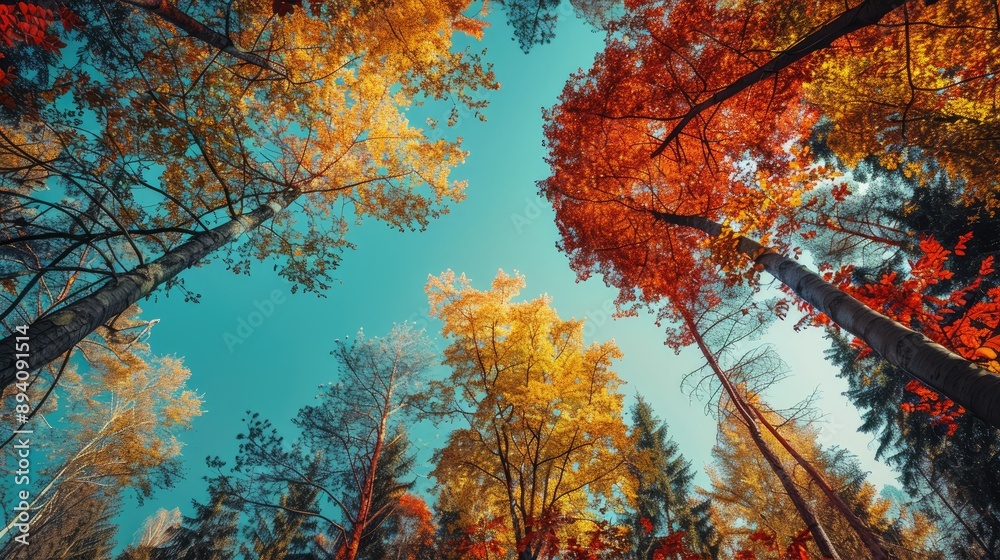 Forest in full autumn glory with vibrant leaves and clear blue sky Forest in full autumn glory with vibrant leaves and clear blue sky