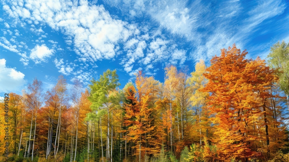 Forest panorama with a rich tapestry of autumn colors and clear skies Forest panorama with a rich tapestry of autumn colors and clear skies