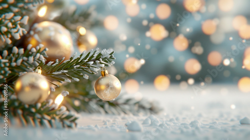 Gold Christmas ornaments hanging on a snow-covered tree branch with a festive bokeh background.
