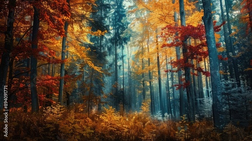 Mystical forest with trees covered in a spectrum of fall colors