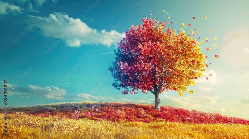 Tree with bright, multicolored leaves standing alone in a grassy field Tree with bright, multicolored leaves standing alone in a grassy field
