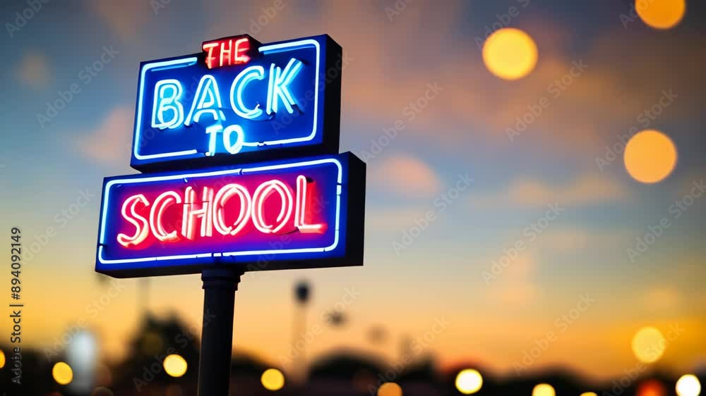 neon sign billboard with the words Back to school glowing in blue and pink against a blurred background of warm bokeh lights. Copy space template backdrop