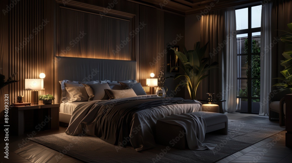 Cozy Modern Bedroom with Warm Lighting and Elegant Decor in a Contemporary Home Cozy Modern Bedroom with Warm Lighting and Elegant Decor in a Contemporary Home