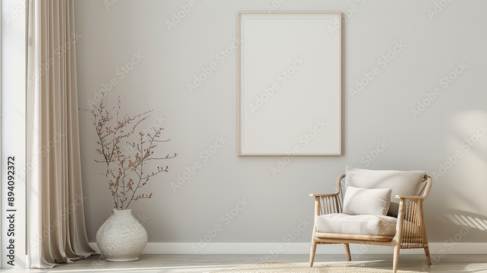 Cozy Minimalist Living Room with Rattan Chair, Blank Frame, and Decorative Vase in Natural Light Cozy Minimalist Living Room with Rattan Chair, Blank Frame, and Decorative Vase in Natural Light