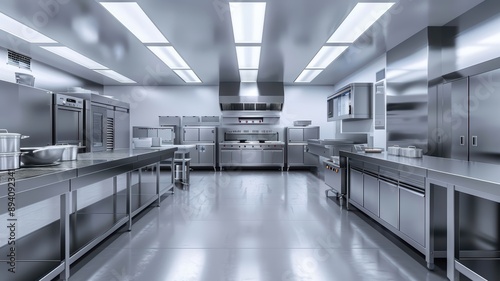 Modern Industrial Stainless Steel Commercial Kitchen with Professional Equipment