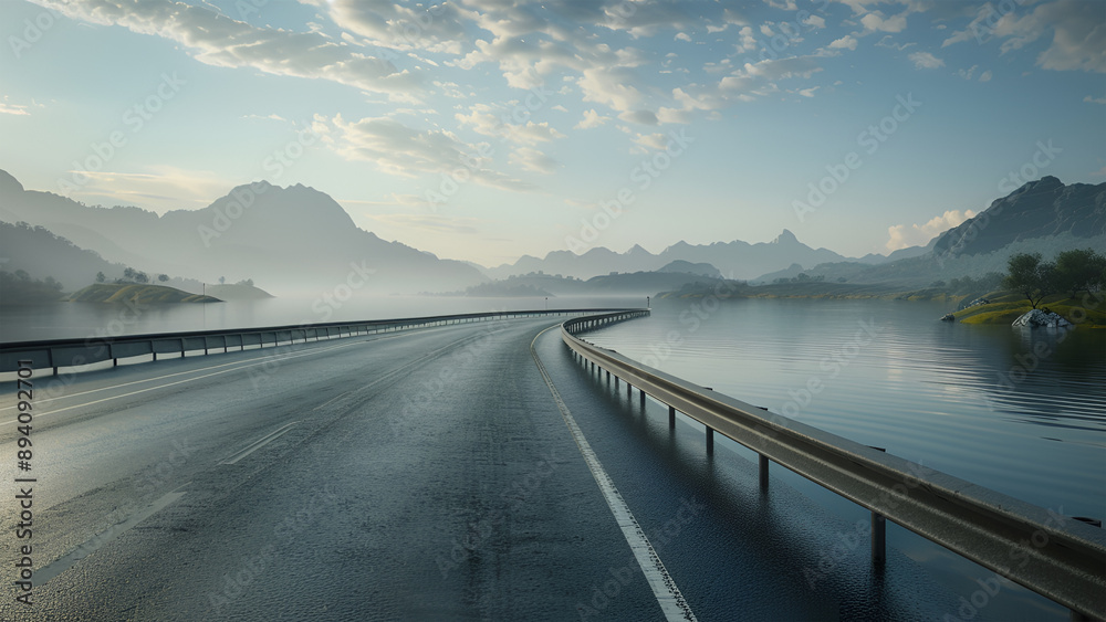 Highway by tranquil lake, serene journey Highway by tranquil lake, serene journey