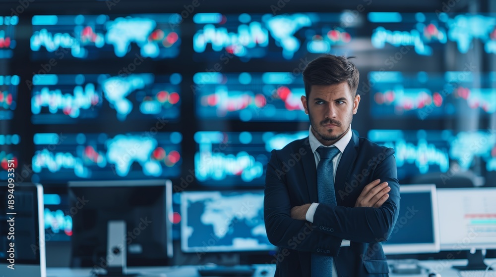 A confident stock trader stands with folded arms in a high-tech control room, monitoring multiple financial data screens.
A confident stock trader stands with folded arms in a high-tech control room, monitoring multiple financial data screens.