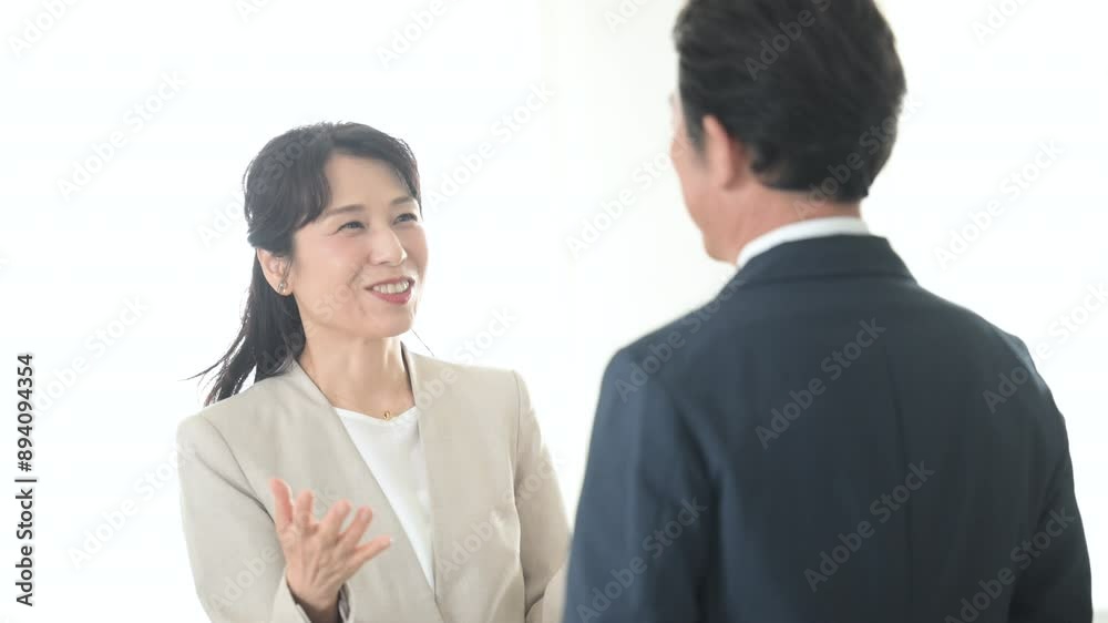 Slow motion picture of a business scene with close-up of an image of a conversational female manager (president or executive) explaining or presenting. Slow motion picture of a business scene with close-up of an image of a conversational female manager (president or executive) explaining or presenting.