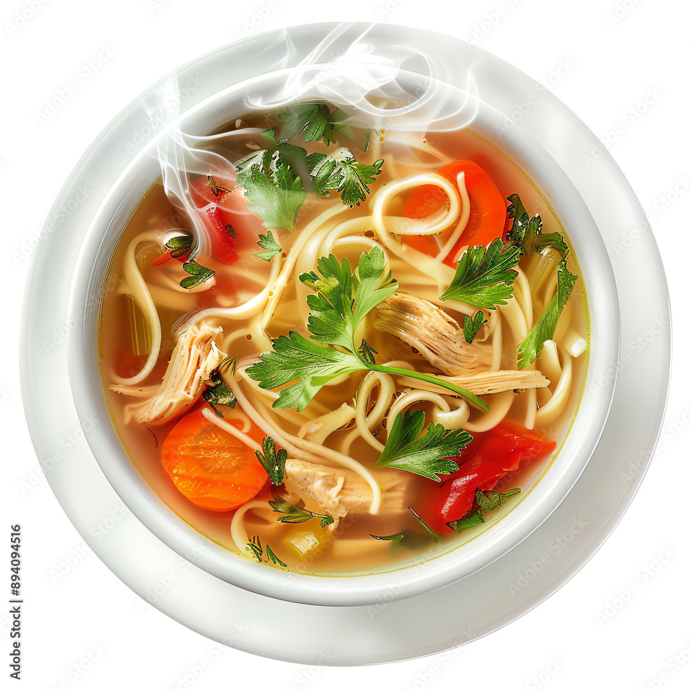 A steaming bowl of chicken noodle soup with fresh vegetables and herbs, perfect for a cozy and comforting meal. A steaming bowl of chicken noodle soup with fresh vegetables and herbs, perfect for a cozy and comforting meal.