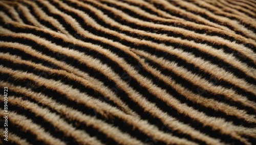 Stripes of Majesty:  A close-up view of a tiger's fur, revealing a mesmerizing pattern of black and brown stripes against a golden backdrop. The intricate details of the fur create a sense of wild bea photo