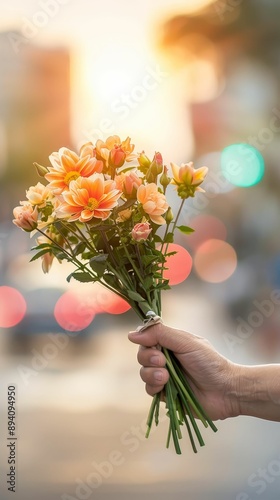 Person handing out flowers on the street, random acts of kindness, surprise