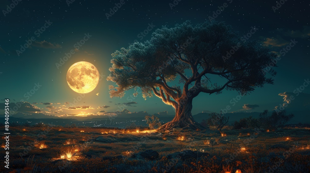 An olive tree in the middle of an arid field at night with a full moon. An olive tree in the middle of an arid field at night with a full moon.