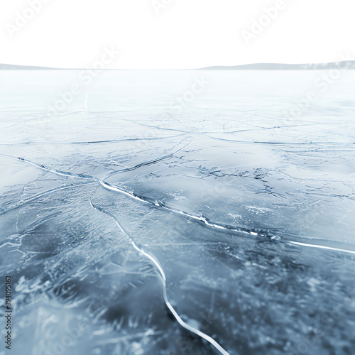 Close-up of a frozen lake with visible cracks in the icy surface, showcasing winter's raw beauty and serene cold environment.